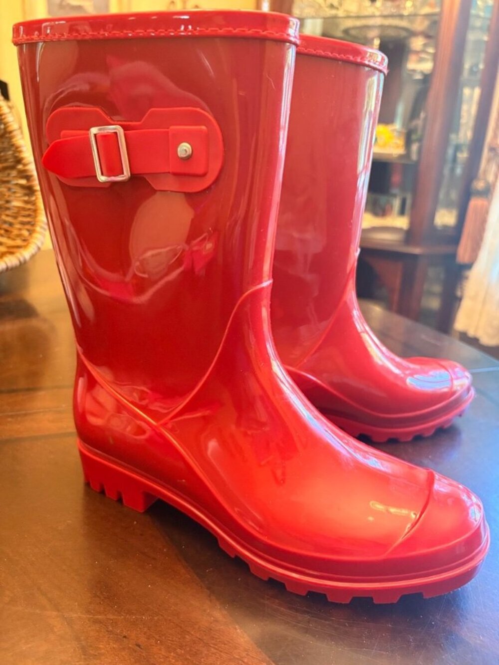 Evshine Red Glossy Waterproof Mid-Calf Rain Boots Buckle Accent EU 38 US 7.5